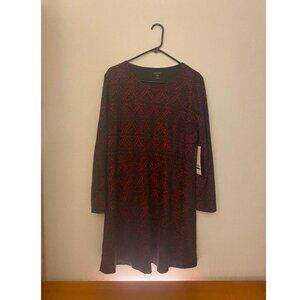 Kensie black and red patterned A-Line dress with long sleeves in stretch fabric.